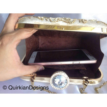 Beige Velvet Square Box Clutch With Intricate Floral Embroidery And Diamante Clasp, Wedding Clutch, Party Bag, Beaded Clutch